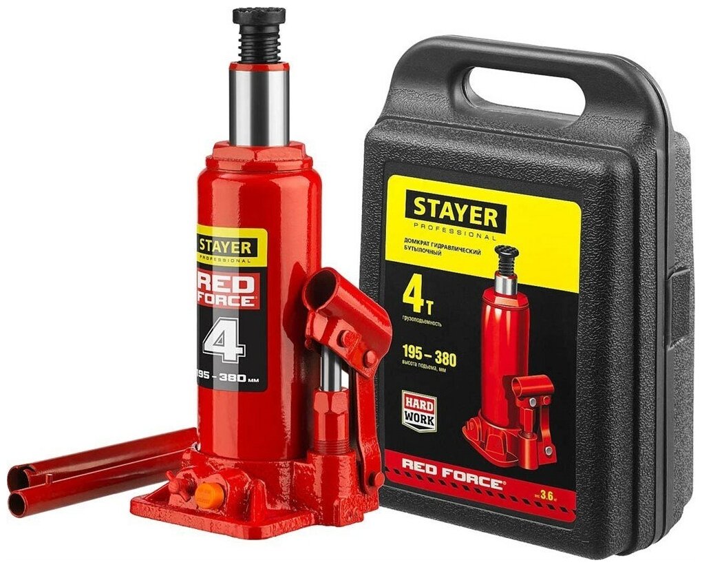 фото STAYER RED FORCE 4т 194-372мм домкрат бутылочный гидравлический в кейсе