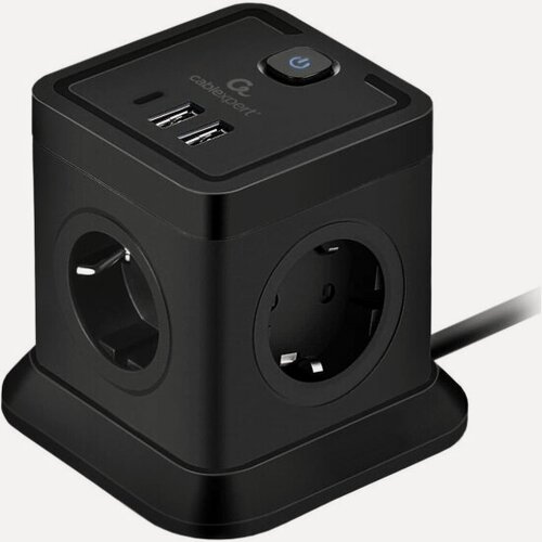 Изображение товара Сетевой фильтр Cablexpert Tower, 4 розетки, 1xType-C, 20Вт, 2хUSB, 2м, черн, коробка