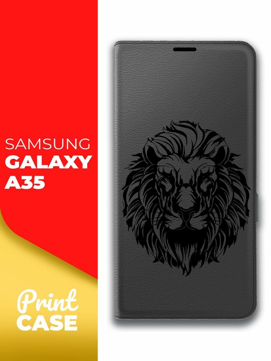 Чехол на Samsung Galaxy A35 (Самсунг Галакси А35) черный книжка эко-кожа подставка отделение для карт магнит Book case, Miuko (принт) Лев черный