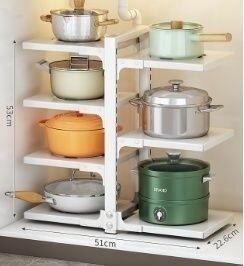 фото Двусторонняя полка этажерка (4+3 полки) для кухни настольная многоярусная металлическая белая, органайзер для кастрюль и сковородок, стеллаж на стол, под мойку, в шкаф