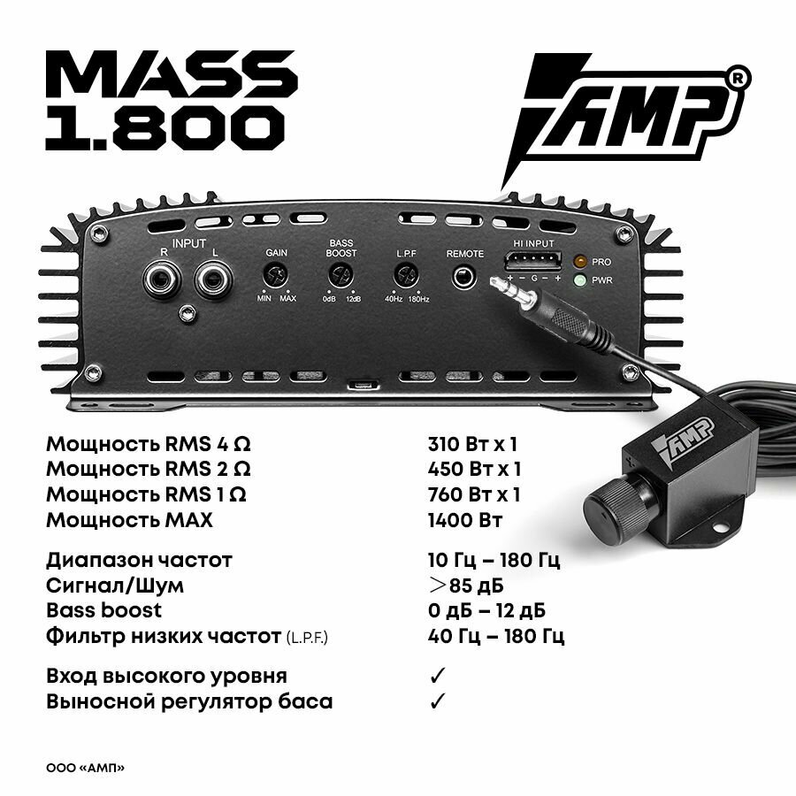 Комплект усилителя AMP MASS 1.800 с проводами для установки