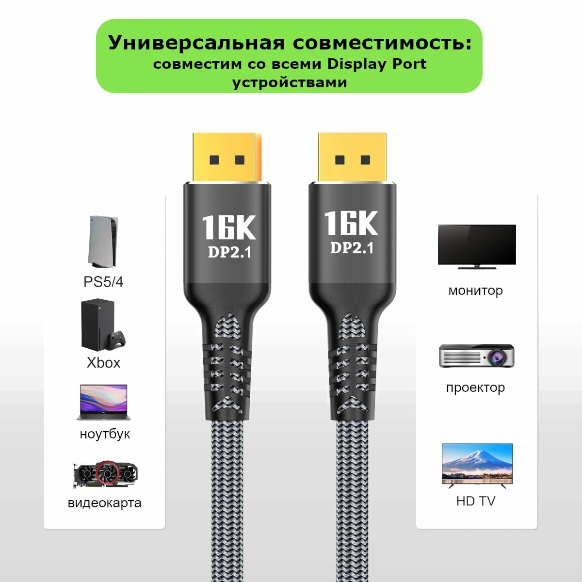 Кабель DisplayPort 2.1, 16K 60 Гц, 80 Гбит/с, 4K 240 Гц, 2 метра — фото 1