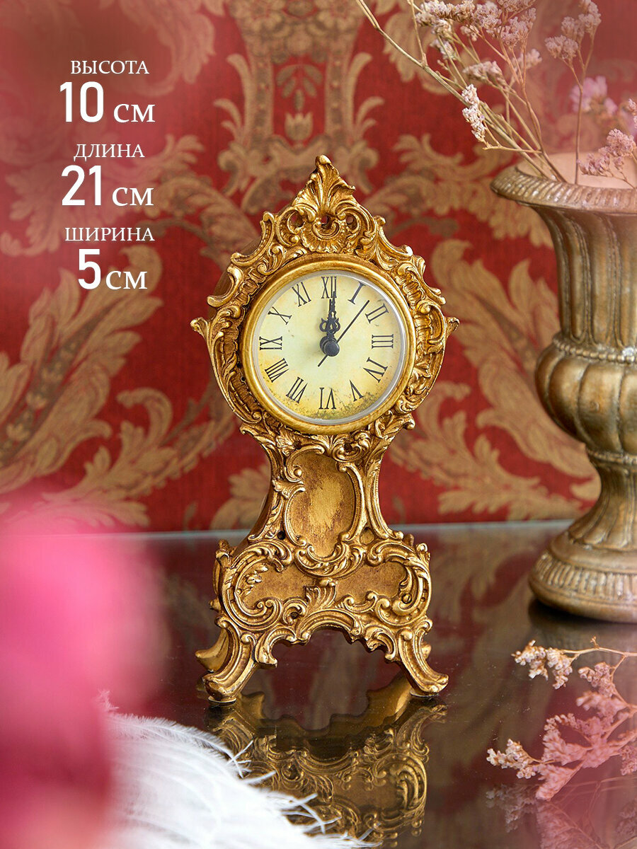 28-169 Часы настольные, под старину 10x5x21см, полисмолы, пластик, золотистый, Glasar