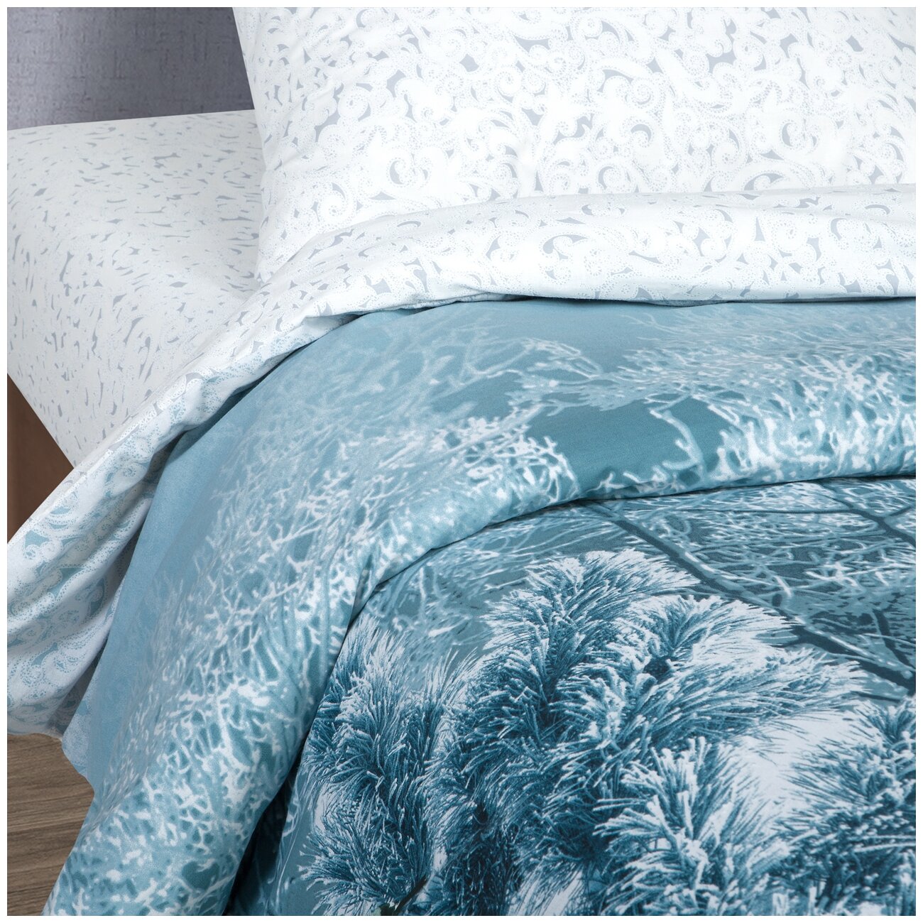 Комплект постельного белья АртПостель De Luxe Хрустальный лес, 2-спальное с европростыней, поплин, белый/темно-серый - фотография № 4
