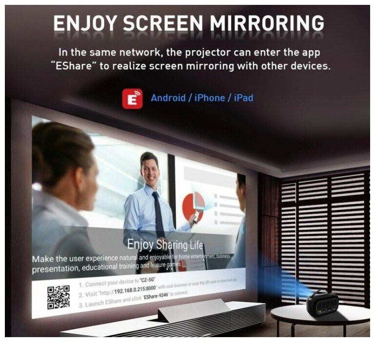 Мини проектор Everycom D023 LED DLP аккумулятор 5000 мАч Android 5G WIFI Bluetooth