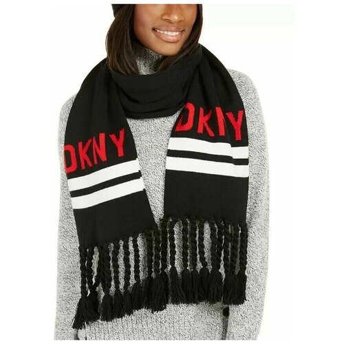 фото Шарф dkny, вязаный, с бахромой, 159х21 см, one size, черный