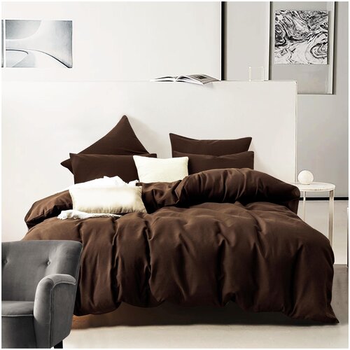 Комплект постельного белья VIVA HOME TEXTILE однотонный CSR0 с простыней на резинке, 2-спальное, полисатин, коричневый
