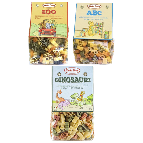 Набор макаронных изделий для детей Dalla Costa - 3 пачки (Алфавит, Зоопарк, Динозавры)