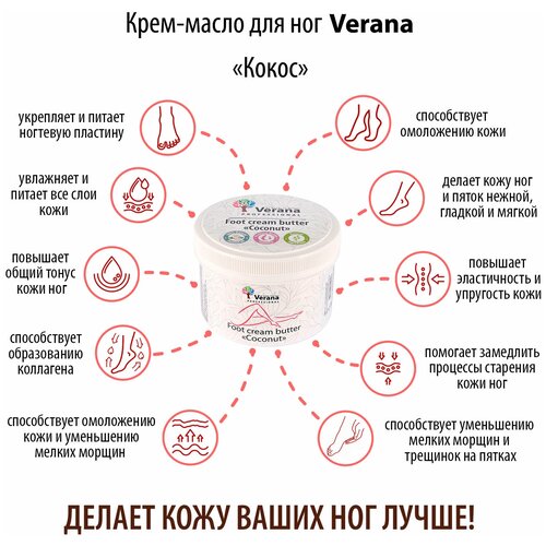 Verana Крем-масло для ног Кокос, натуральный, питает, уменьшает мелкие морщины, устраняет сухость кожи, уменьшает трещинки на пятках, 200г