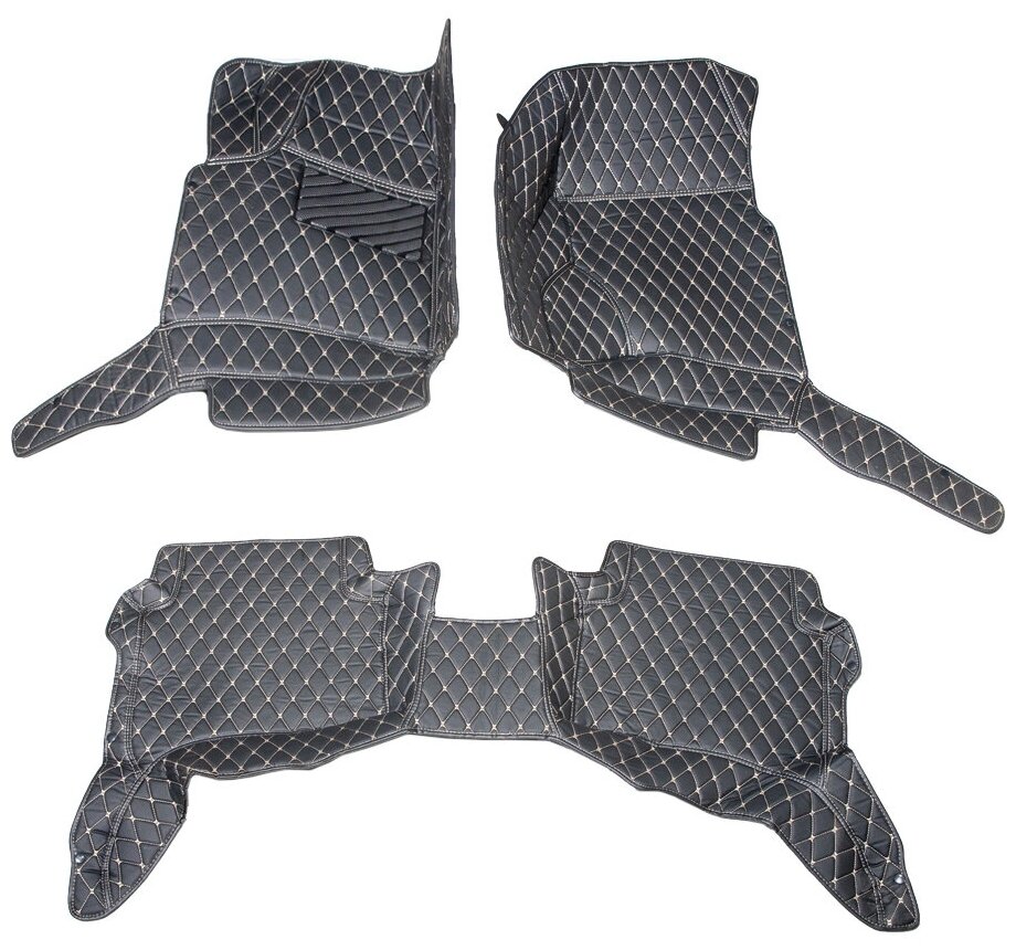 Кожаные 3D коврики Autozs Premium для Porsche Cayenne I (955/957) (2002-2010) черные с бежевой строчкой/Порш Каен 1, 3Д ковры в автомобиль