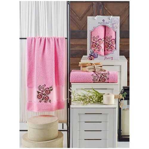 фото Подарочный набор полотенец для ванной 50х90, 70х140 merzuka pansy хлопковая махра розовый merzuka (турция)