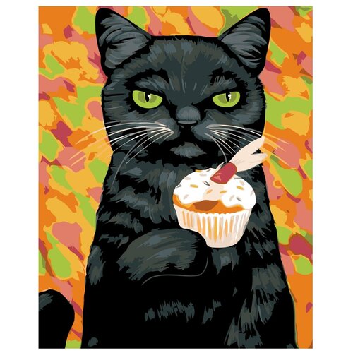 Картина по номерам, Живопись по номерам, 80 x 100, A438, чёрный кот, животное, пирожное, деликатес, рыба, поп-арт