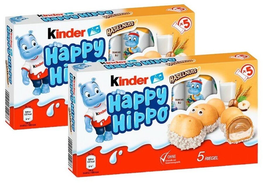 Вафельные бегемотики Happy Hippo Haselnuss Kinder с фундуком (2 шт. по 103,5 гр.) - фотография № 1