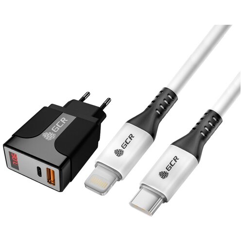 GCR Комплект сетевое зарядное устройство на 2 USB порта (QC 3.0 + PD 3.0 ), черный + кабель 0.7m TypeC/Lightning, белый