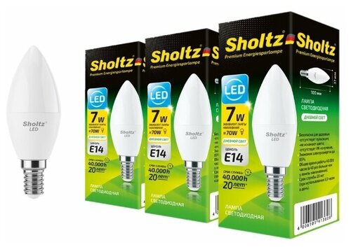 Комплект из 3 светодиодных энергосберегающих ламп Sholtz свеча С37 7Вт E14 4200К 220В пластик (Шольц) LOC4136T