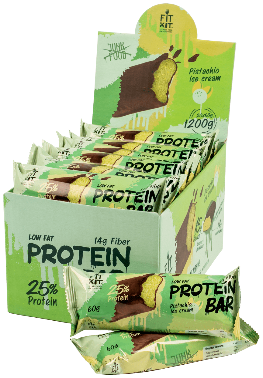 Fit Kit Протеиновый батончик без сахара Protein BAR, упаковка 20шт по 60г (Фисташковое мороженое)