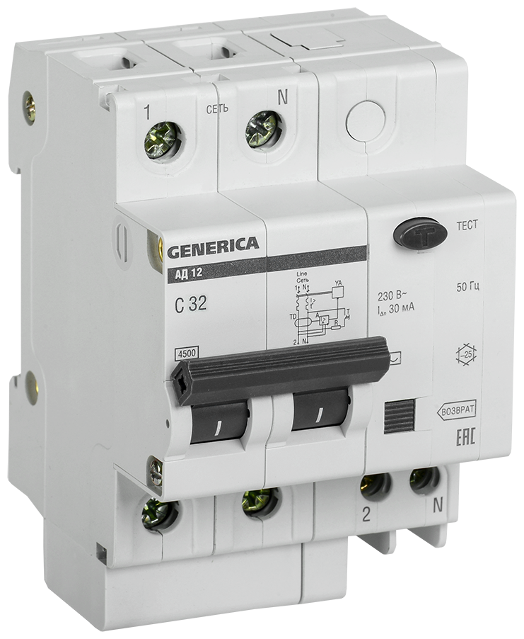 Дифференциальный автомат Generica АД 12 2П C 4.5 кА AC электромеханический