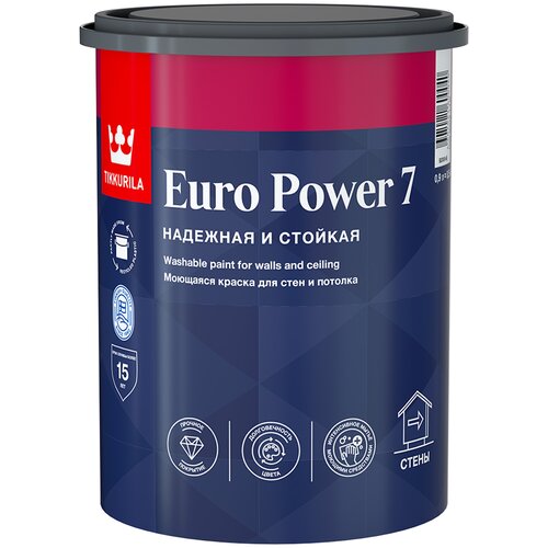 Краска моющаяся для стен и потолков Euro Power-7 (Евро-7) TIKKURILA 9л бесцветный (база С)