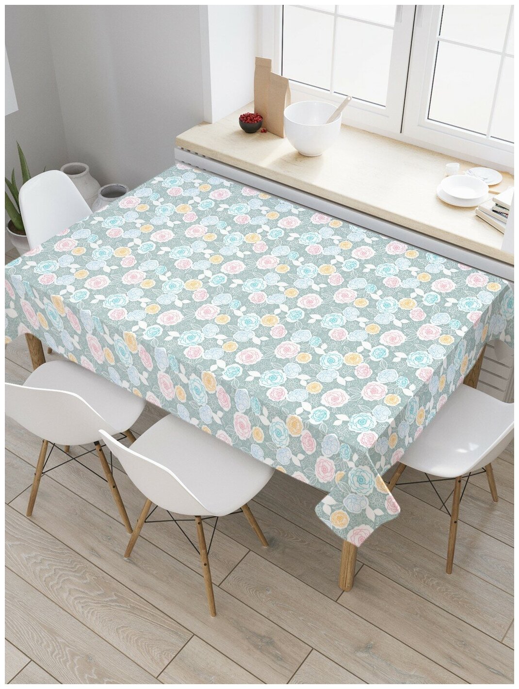 Скатерть прямоугольная JoyArty на кухонный стол "Цветные розы" из оксфорда, 120x145 см
