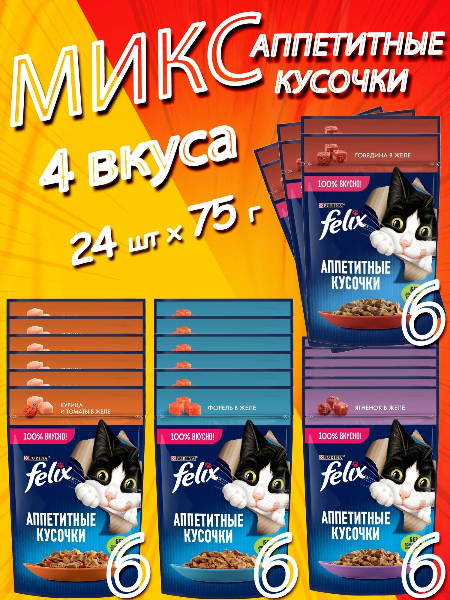 фото Микс Феликс Аппетитные кусочки в желе (говядина, ягненок, форель, курица и томаты) - 24 шт (4 вкуса)