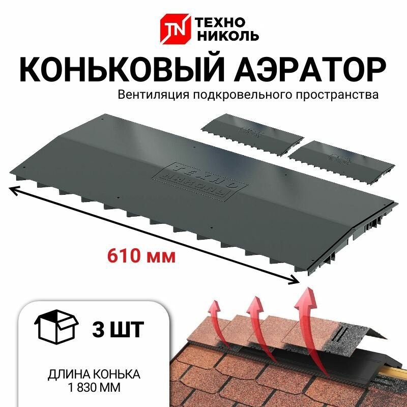 Аэратор коньковый технониколь 610 мм, для выхода воздуха при вентиляции подкровельного пространства, 3 шт.