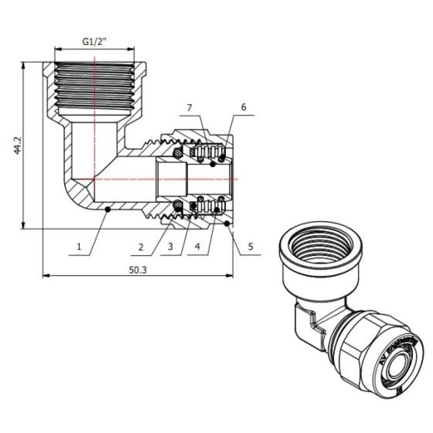 Угольник латунный для труб AV ENGINEERING 16 х 1/2" (AVE309010) — фото 1