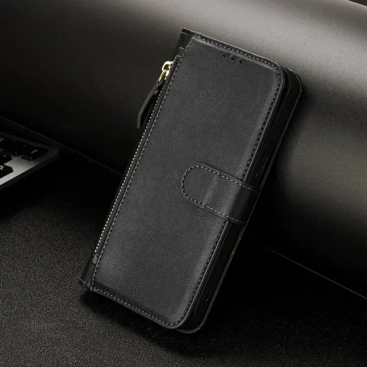 Черный кожаный чехол-бумажник на молнии для Xiaomi Redmi Note 14 Pro Plus