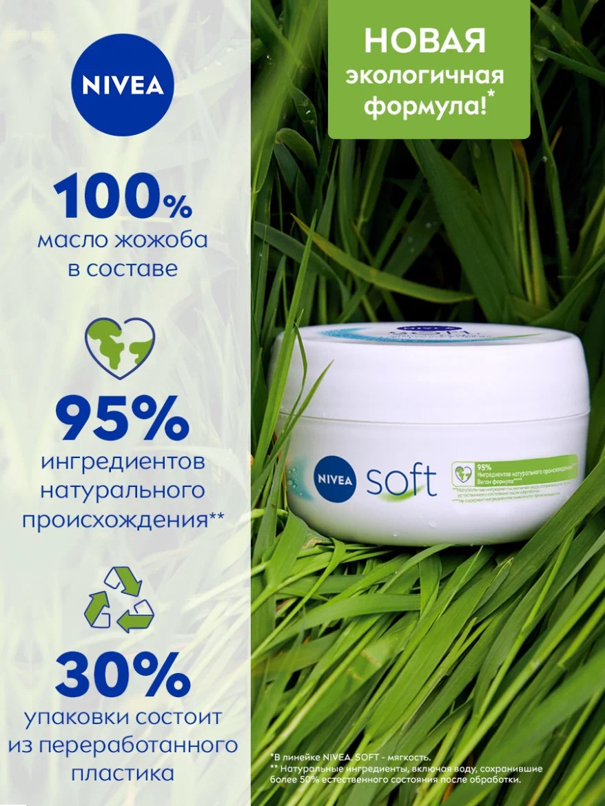 Интенсивный увлажняющий крем NIVEA Soft для лица, рук и тела с маслом жожоба и витамином Е, 100 мл — фото 1