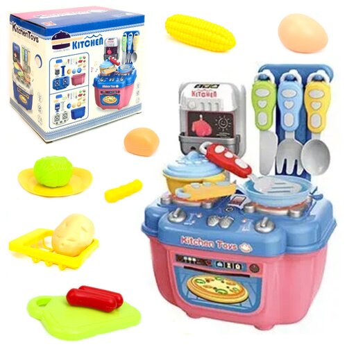 Детская игровая кухня Kitchen, 24х18х12 см, плита с набором посуды и продуктов, ручки крутятся, конфорки c подсветкой, озвучкой, 21 предмет