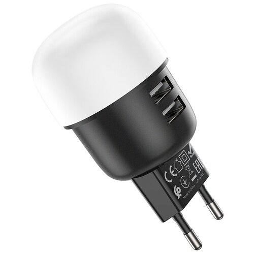фото Сетевое зарядное устройство + ночник hoco c87a sparkle dual port night light charger черный