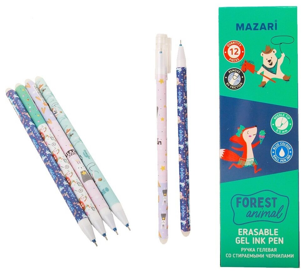 Набор гелевых ручек пиши-стирай синие FOREST ANIMAL 12 штук / ручки гелевые синие со стираемыми чернилами узел 0.5 мм / гелевые ручки