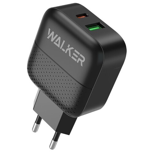 фото Зарядное устройство для телефона walker wh-37, usb &type-c разъемы, 18w быстрая зарядка qc+pd 3.0, черная / зарядка для iphone / блок питания / адаптер на айфон / сетевое apple