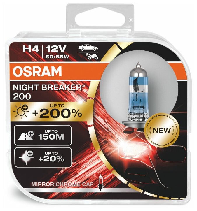 Комплект ламп Osram H4 12V 60/55W P43t 4050K NIGHT BREAKER200 +200% 2 шт.