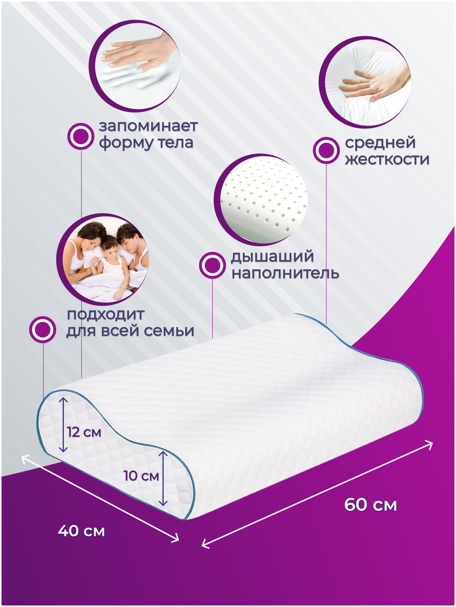 Подушка ортопедическая 60х40 для сна и шеи с эффектом памяти два валика 13 и 11 см + чехол на подушку - фотография № 3