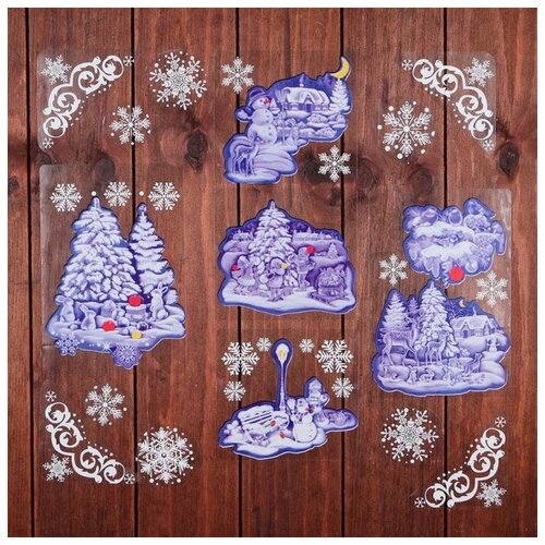 Набор наклеек на окна Новогодний зимние пейзажи, 24 х 37 см набор наклеек на окна новогодний синий цвет ёлочка дом 37 х 37 см