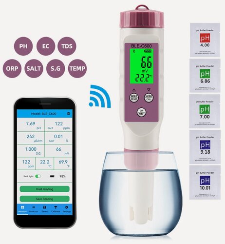 Изображение товара Тестер воды 7-в-1 с Bluetooth (PH / ORP / EC / TDS / SALT / Temp / S.G)