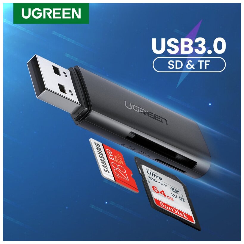 Карт-ридер UGREEN 60722 USB30 TF/SD черный