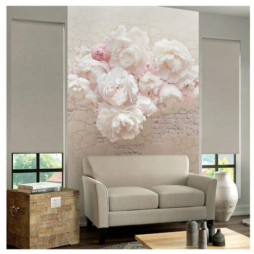 фото Фотообои розовые пионы на белой кирпичной стене/ красивые уютные обои на стену в интерьер комнаты/ 3д расширяющие пространство/ на кухню в спальню детскую зал гостиную прихожую/ размер 200х270см/ флизелиновые топ фотообои,топ фотообои