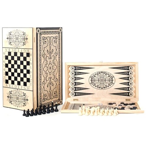 Игра 3в1 большая с обиходными деревянными шахматами Объедовские (нарды, шахматы, шашки) Орнамент