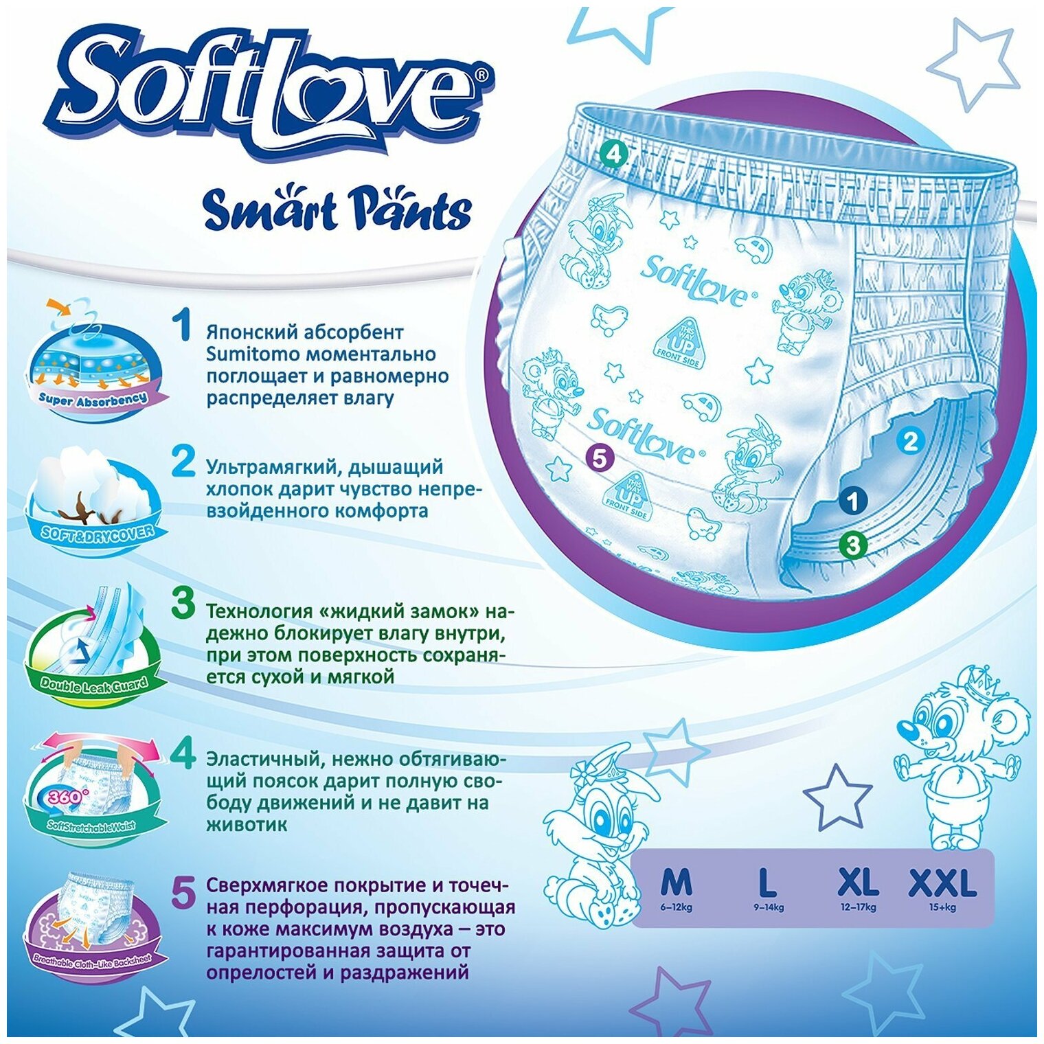 Подгузники-трусики "Softlove Smart Pants"Size-M (6-9 кг) 60шт