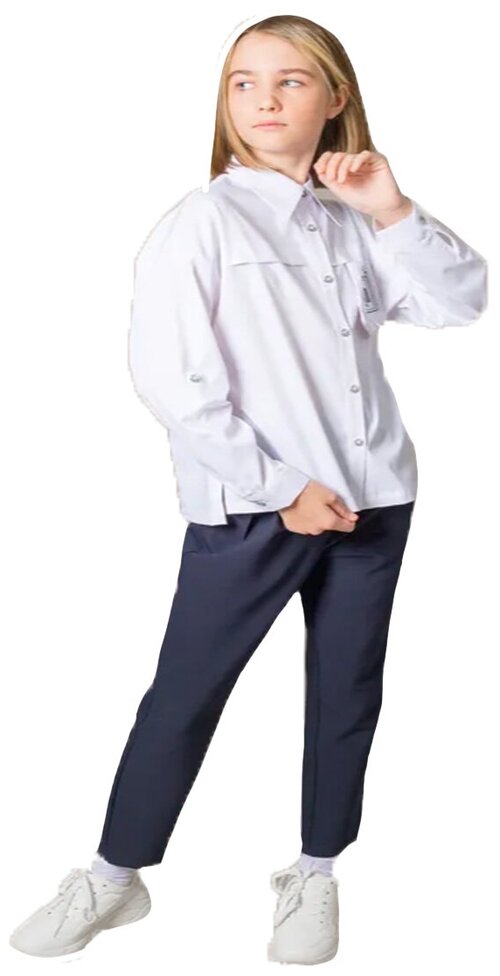 Школьная блуза Deloras, полуприлегающий силуэт, на пуговицах, длинный рукав, карманы, однотонная, размер 170, белый
