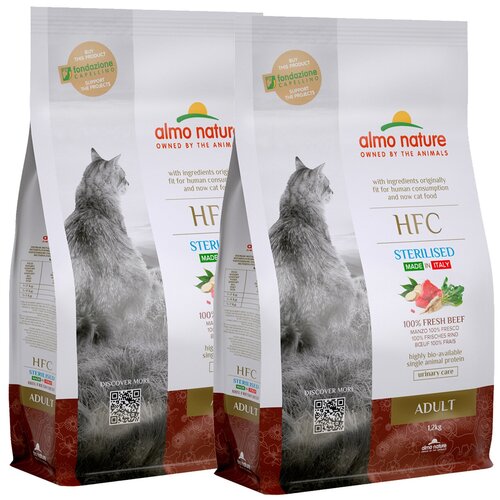 ALMO NATURE HFC ADULT STERILIZED BEEF для взрослых кастрированных котов и стерилизованных кошек со свежей говядиной (1,2 + 1,2 кг) сухой корм для стерилизованных кошек almo nature с говядиной 3 шт х 1 2 кг