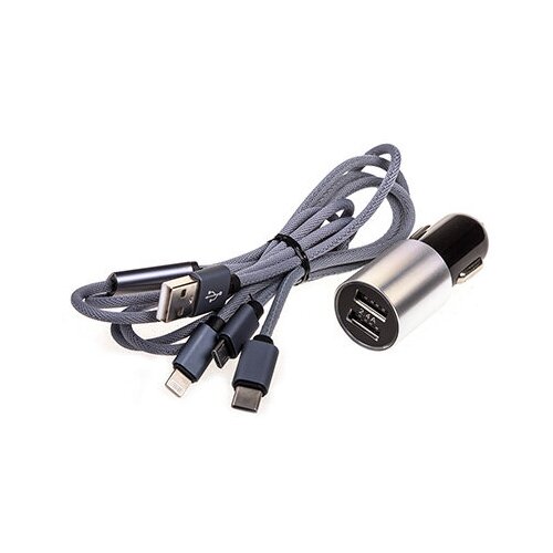Зарядное устройство 12/24V microUSB/Type-C/Lightning USBx2 (1.0А+2.4А) 100см SW Черный/серебро в коробке