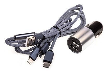 Зарядное устройство 12/24V microUSB/Type-C/Lightning USBx2 (1.0А+2.4А) 100см SW Черный/серебро в коробке