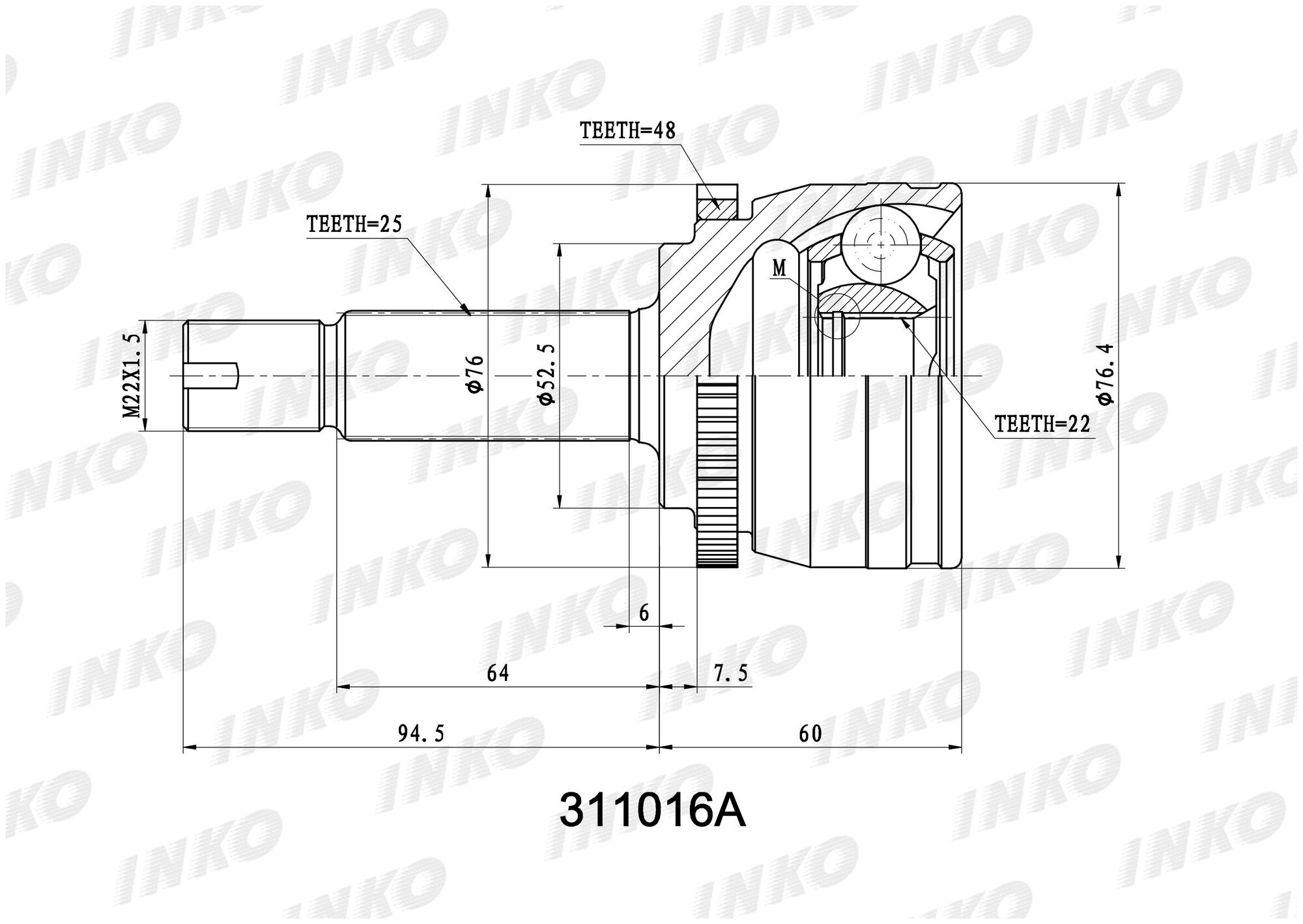 ШРУС наружный ( граната внешняя) для KIA RIO III ( 2012 - 2017 ) и HYUNDAI SOLARIS I (2011-2017) 25/22 с кольцом АБС на 48 зуб. INKO 311016A