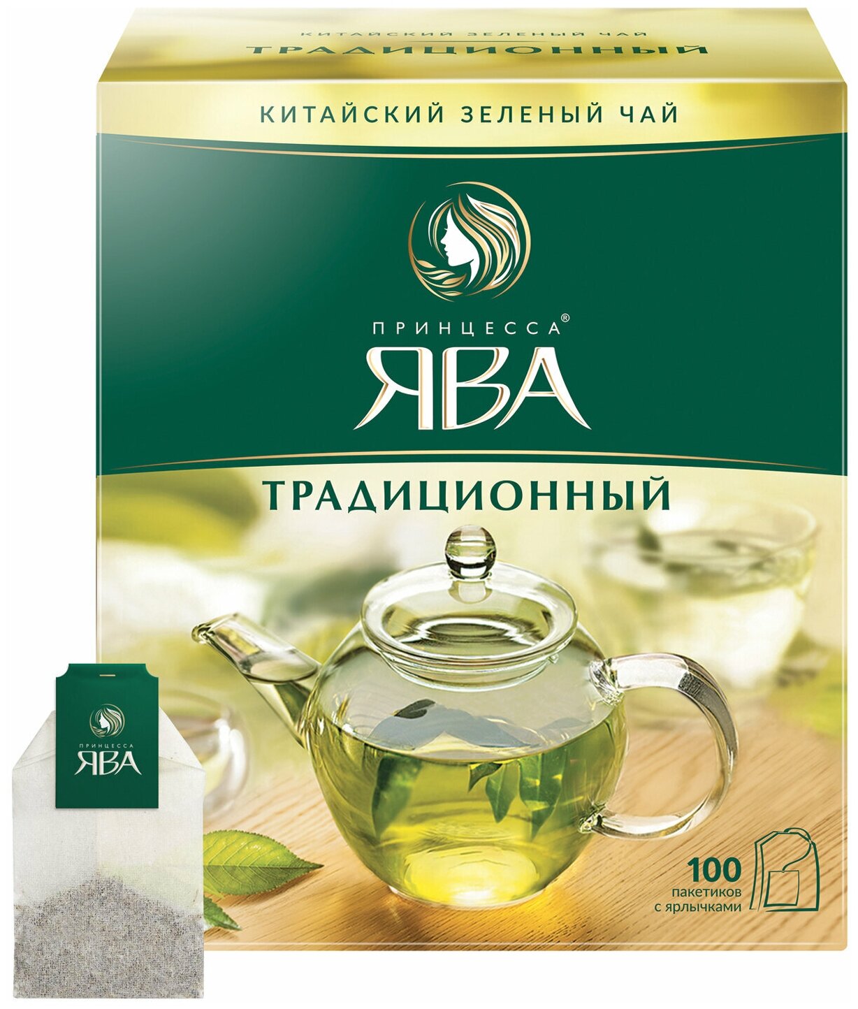 Чай принцесса ЯВА, зеленый, 100 пакетиков с ярлычками по 2 г, 0880-18 - фотография № 1