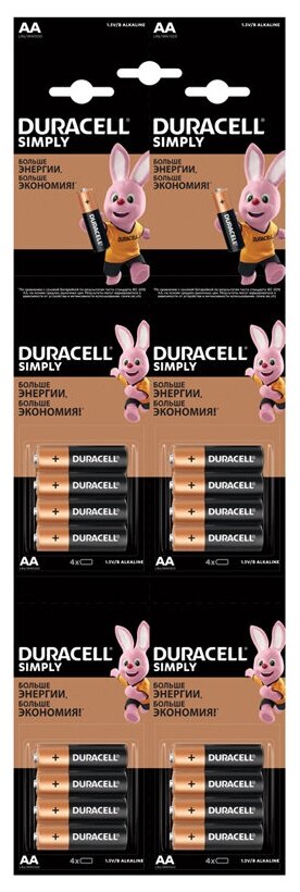 Батарейка Duracell Simply AA (LR06) алкалиновая, 4BL,