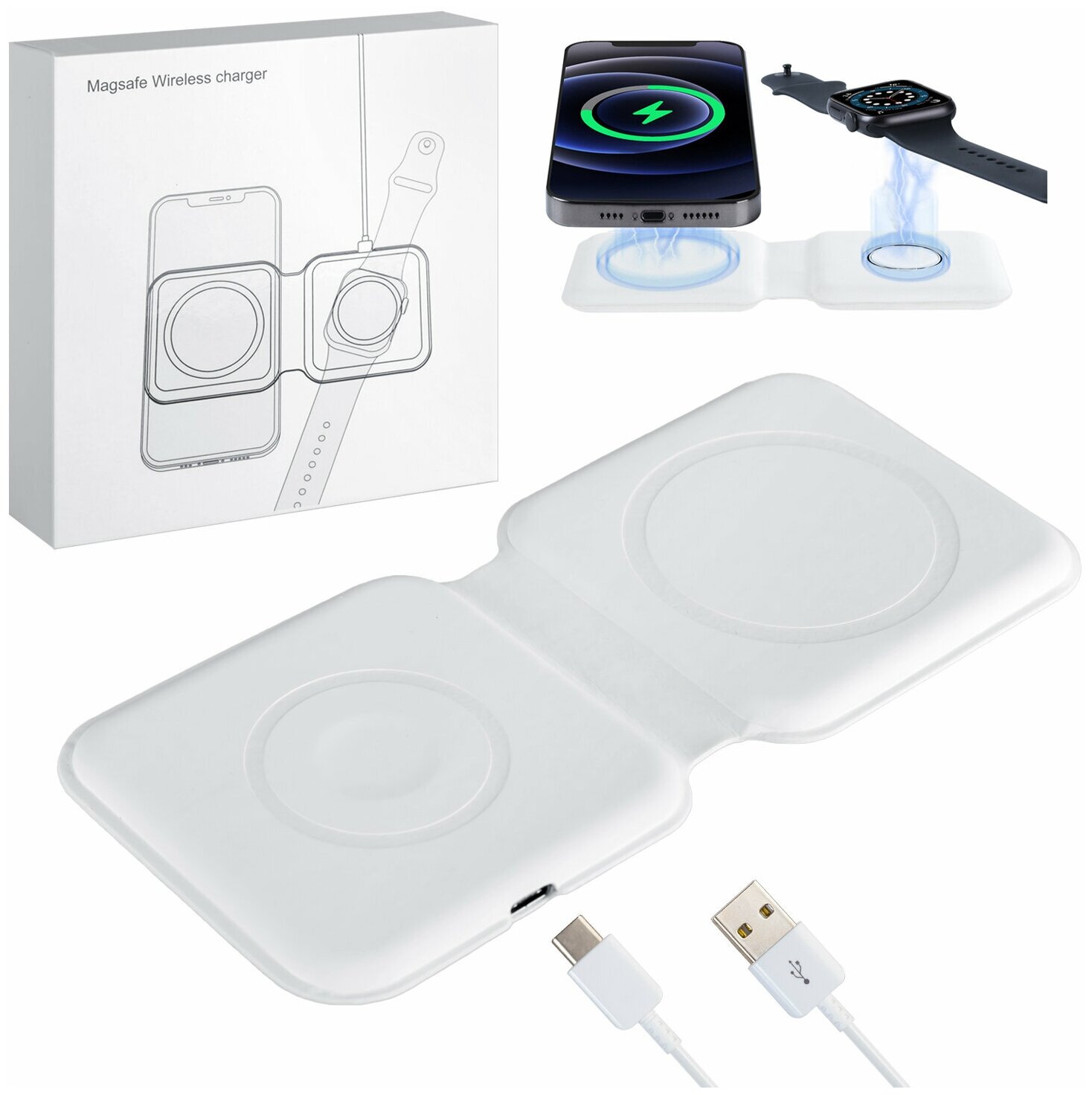 AV-Retail / Двойное беспроводное зарядное устройство MagSafe для Apple Watch, iPhone, AirPods, складное