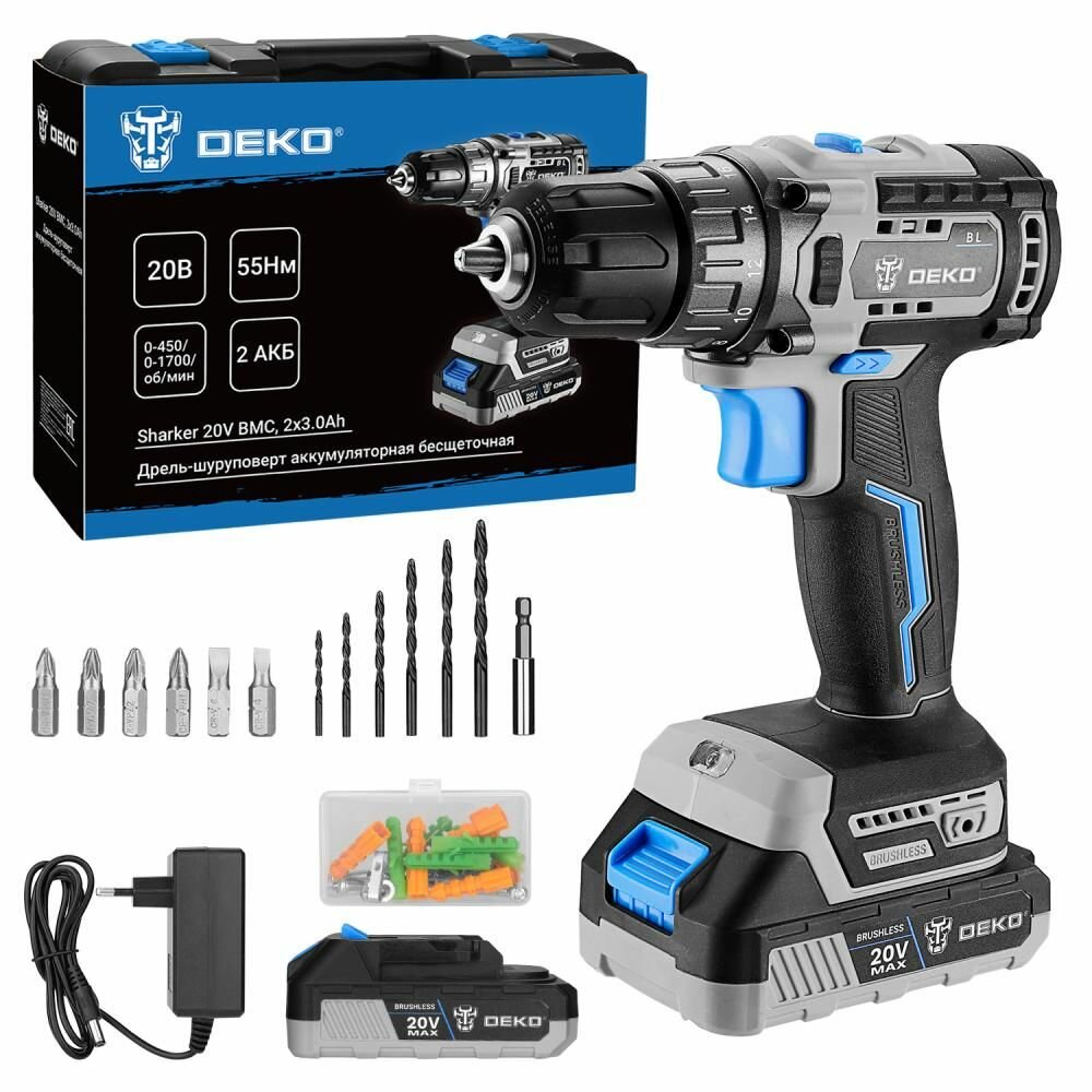 Дрель-шуруповерт аккумуляторная бесщеточная DEKO Sharker 20V в кейсе, 20В, 2*3.0Ач 063-4036