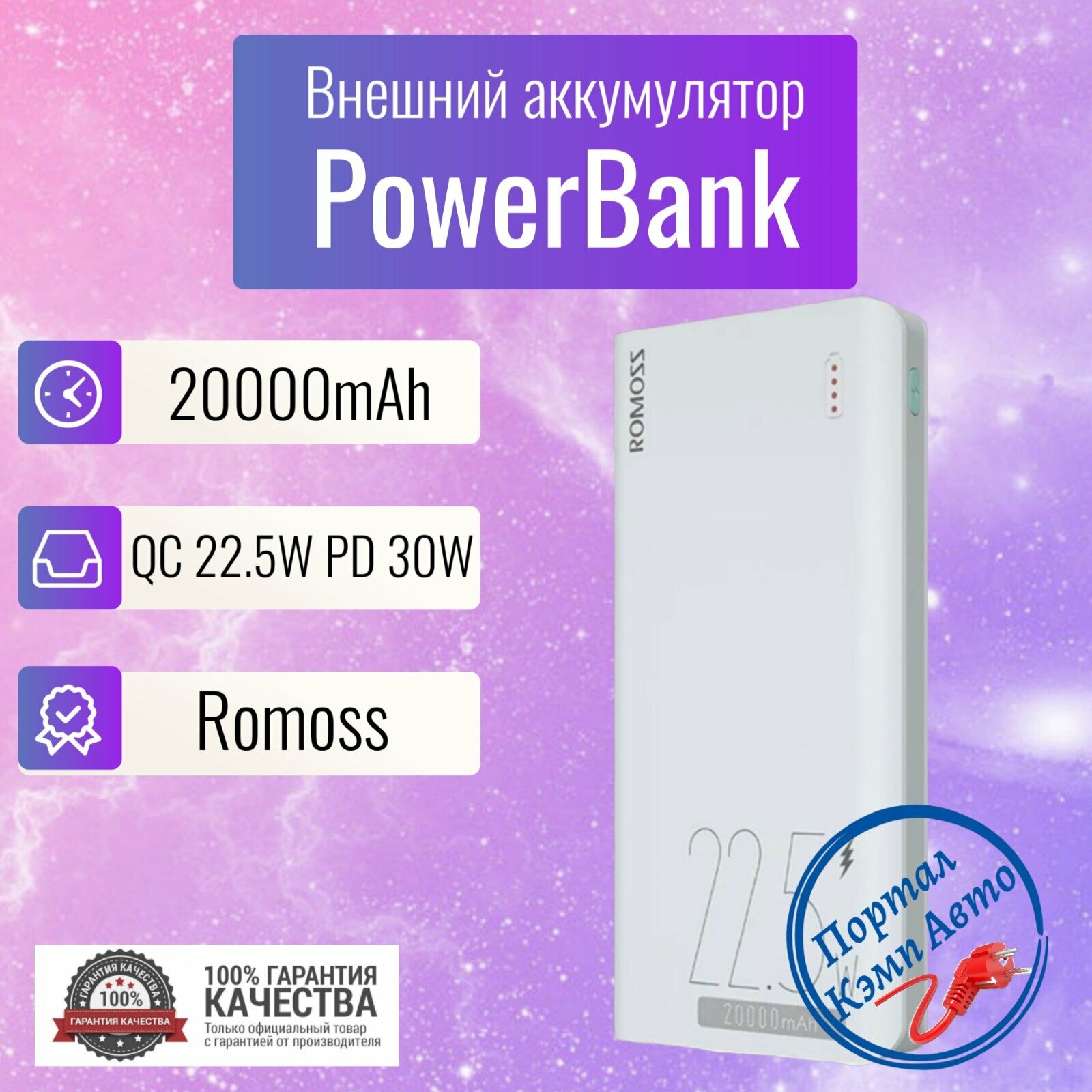 Power Bank внешний аккумулятор повербанк 20000 мАч 22,5W PD ROMOSS.